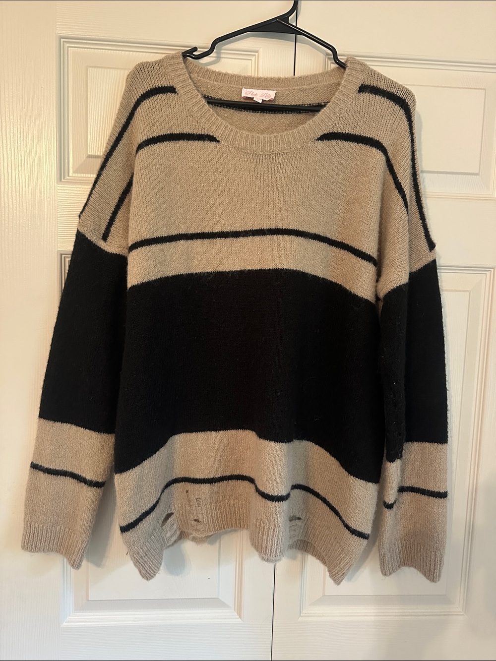 Pink Lily Beige and Black Striped Crewneck Sweater